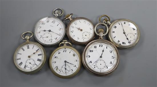 Six assorted base metal pocket watches.